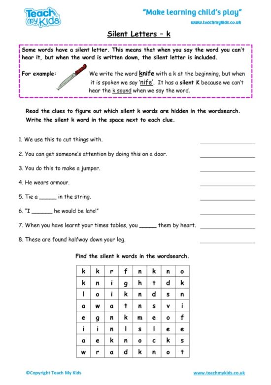Worksheets for kids - silent-letters-k